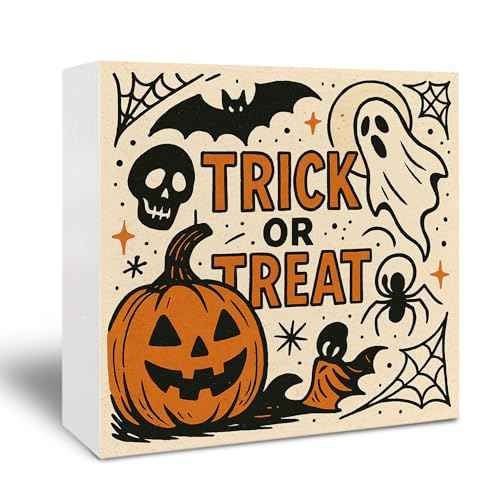 Vintage Halloween Wooden Sign - Ghost Pumpkin Desk Decor, Halloween Gifts, Trick or Treat Wooden Box Sign for Home Office Dorm Tabletop Shelf Decor 5x5 Inch