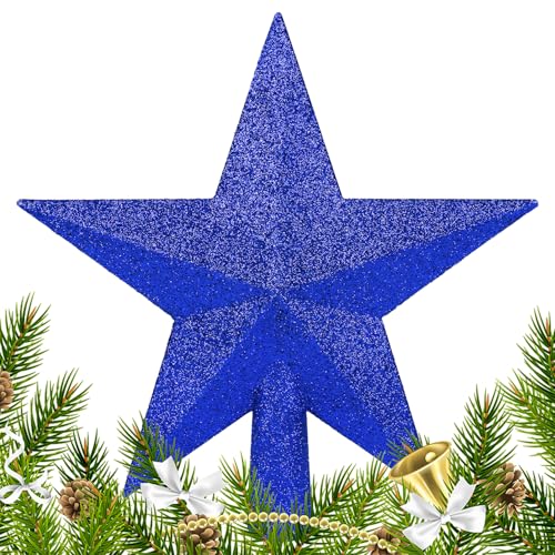 DERAYEE Blue Christmas Tree Topper, 7.9 Inch Glitter Star for Holiday Decor