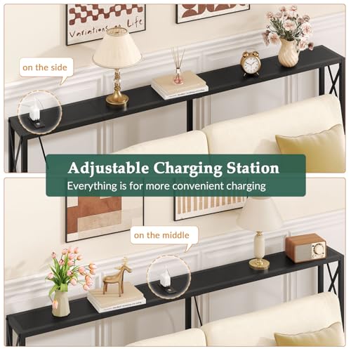 70-Inch Sofa Table Behind Couch with Charging Station - Black, Narrow Console Table