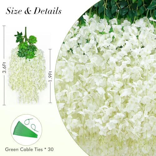 White Wisteria Hanging Flowers Set 40pcs Fake Floral Decor for Weddings & Home