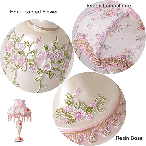 Pink Fabric Shade Table Lamp with Antique Flower Decor - Handmade Night Light for Bedroom