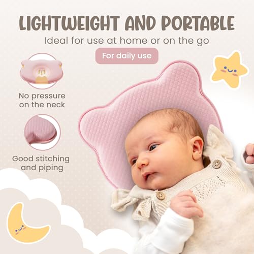 Pink Baby Pillow with Memory Foam & Bear Design - Breathable & Supportive for Infants (Pink)