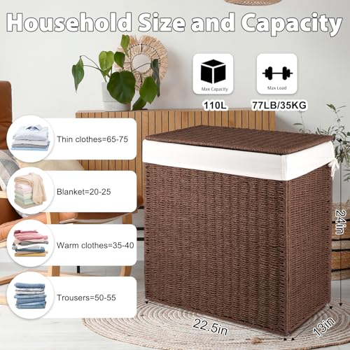 OIAHOMY Brown 110L Wicker Laundry Hamper with Lid & Washable Liner