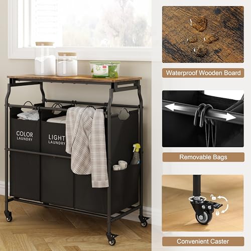 Hoctieon Black 3-Section Laundry Sorter with Removable Hampers & Ironing Board
