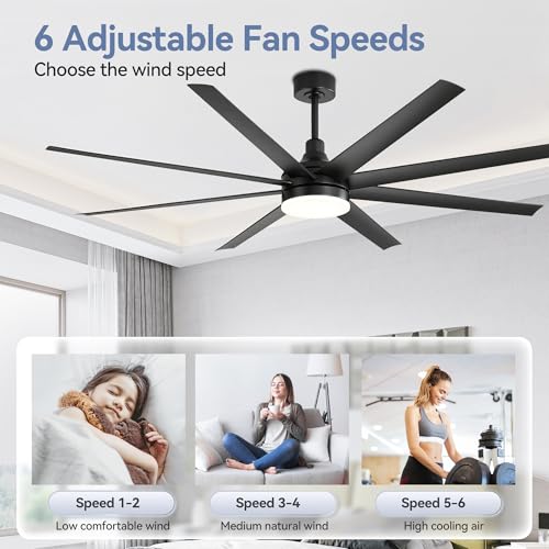Black 72-Inch Ceiling Fan with Lights & Remote Control - Reversible Blades, 6-Speed DC Motor, Timer
