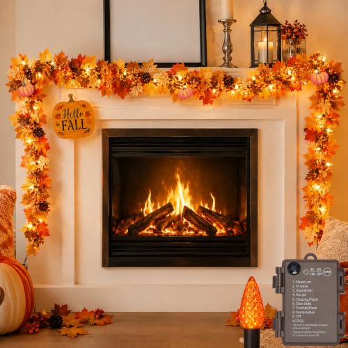 Dolunvo 2-Pack 10Ft Battery Operated Fall Garland with Lights, Pumpkin & Maple Leaves