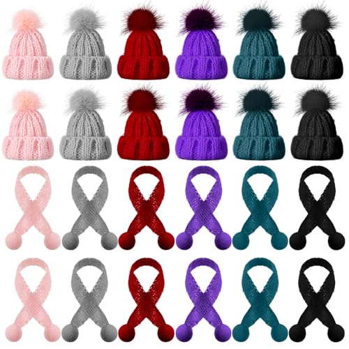 Bencailor 24 Pcs Mini Christmas Knitting Hats and Mini Christmas Scarf Set Knitting Doll Hat Scarf Santa Knit Hat Tree Ornaments for DIY Craft Art Doll Decoration (Multicolor)