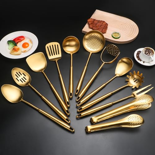 12-Piece Stainless Steel Kitchen Utensil Set with Gold Finish - Dishwasher Safe