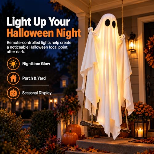 Halloween Outdoor Swinging Ghost with Lights - 5 FT Light Up Ghost Porch Decor with Remote String Lights - Halloween Yard & Entryway Decoration