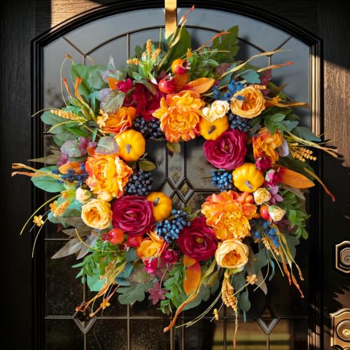 Artificial Fall Wreath for Front Door with Burgundy Roses & Orange Peony - 24 Inch