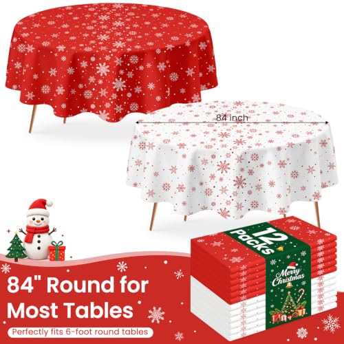 LANLISA 12 Pcs Red White Snowflake 84” Round Disposable Plastic Tablecloths Set