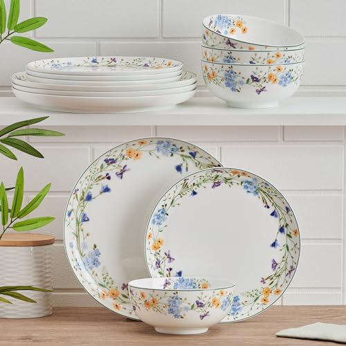 Mikasa Quinn Bone China 12-Piece Dinnerware Set for 4 - Lightweight & Chip-Resistant