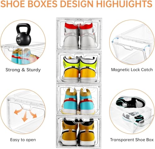 Large Clear Shoe Storage Box Set - 12 Pack, Stackable Shoe Organizer with Magnetic Door, Fits US Size 12, Display & Storage