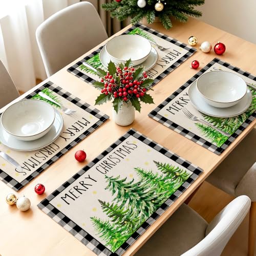 Black Buffalo Grid Christmas Placemats Set of 4 12x18 Inches Rectangular - Holiday Table Decor