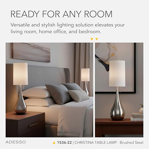 Adesso Brushed Steel Table Lamp with White Fabric Shade - Modern Accent Lamp, 34.5" Tall - Table Lamp
