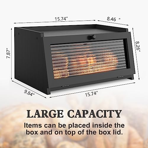Black 1-Tier Bread Box for Kitchen Countertop - Natural Pine & Acrylic Window