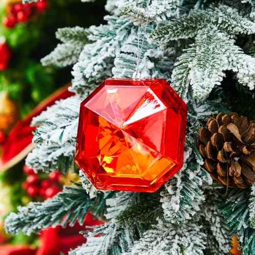 Syhood 5.1 Inch Jewel Ornament Glitter Jewel Ornaments for Christmas Tree Acrylic Large Christmas Tree Hanging Decorations for Xmas Wedding Holiday Party Decor(Red, Square)
