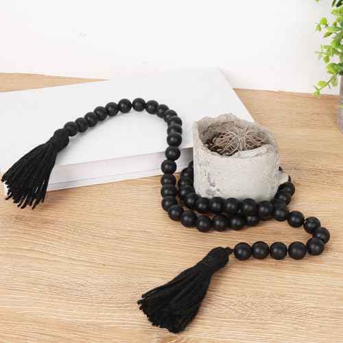 Wood Beads Garland with Tassels Farmhouse Rustic Prayer Boho Beads for Boho Home Decor, Wall Hanging Decoration (Black)