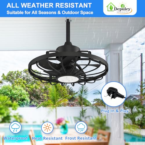 Depuley 20-Inch Black Outdoor Hanging Ceiling Fan with Light & App Remote - Waterproof Gazebo Fan with Reversible DC Motor