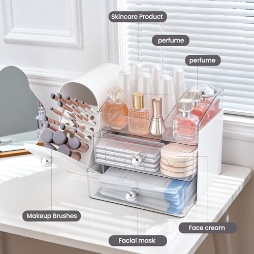 White Makeup Organizer with Brush Holder, Large Capacity, Dustproof - TRQWRO
