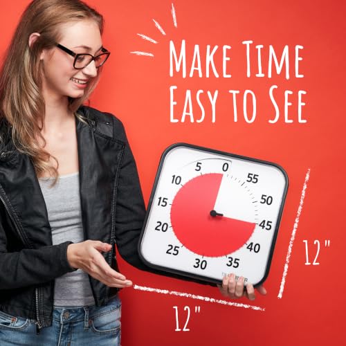 Kids Visual Timer 12 Inch Black & Red 60-Minute Desk & Classroom Clock with Dry Erase Card