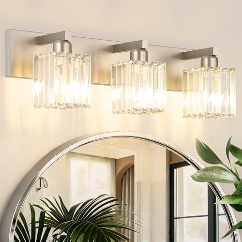 Aipsun Brushed Nickel 3-Light Crystal Vanity Light Fixture - 23 Inch Modern Bathroom Wall Sconce (Exclude Bulb)