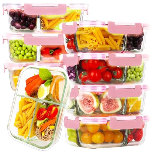 HOMBERKING Pink 8 Pack 3-Compartment Glass Meal Prep Containers 36oz