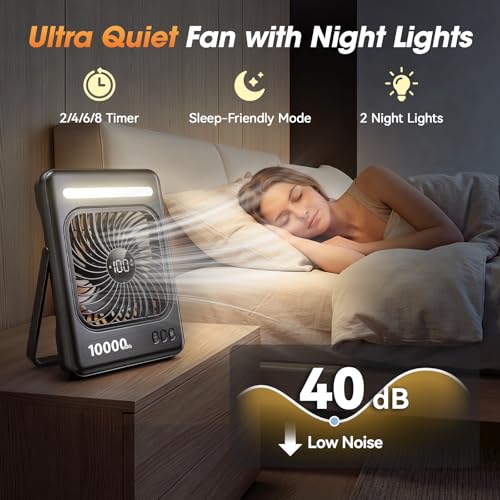 Portable Travel Fan with 10000mAh Power Bank and LED Lantern - Black