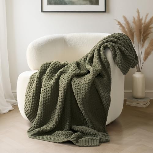 EverGrace Chunky Chenille Knit Throw Blanket 50x60 Olive Green