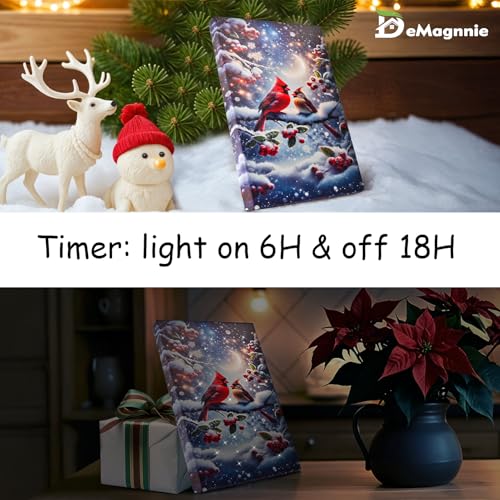 DEMAGNNIE 8x6in Mini Cardinal Lighted Canvas - Battery-Operated Snowy Landscape with Timer