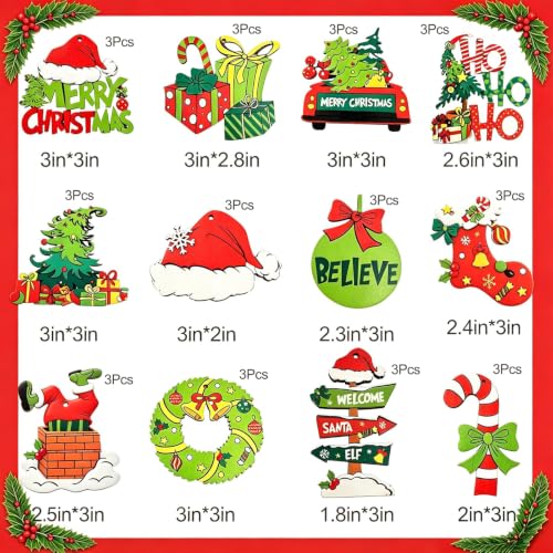 36Pcs Wooden Christmas Ornaments Set - 12 Retro Cartoon Styles Red & Green Indoor Holiday Decor
