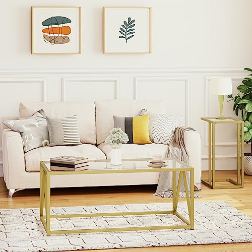 HOOBRO Gold Glass Coffee Table - Modern 1-Layer Center Table for Living Room & Office