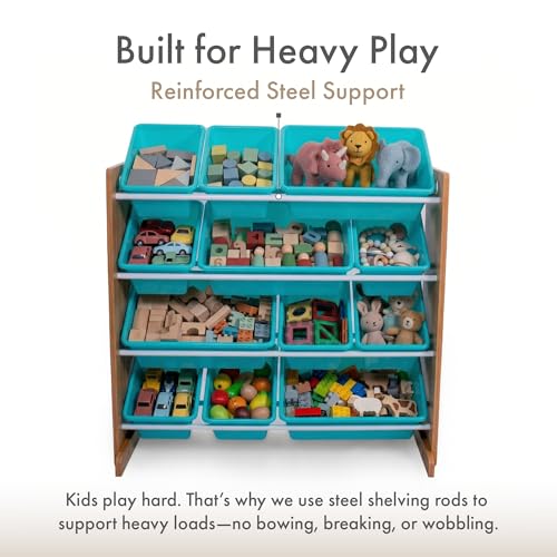 Kids Toy Organizer with 12 Bins - Tall Natural Wood & Aqua Storage Shelf