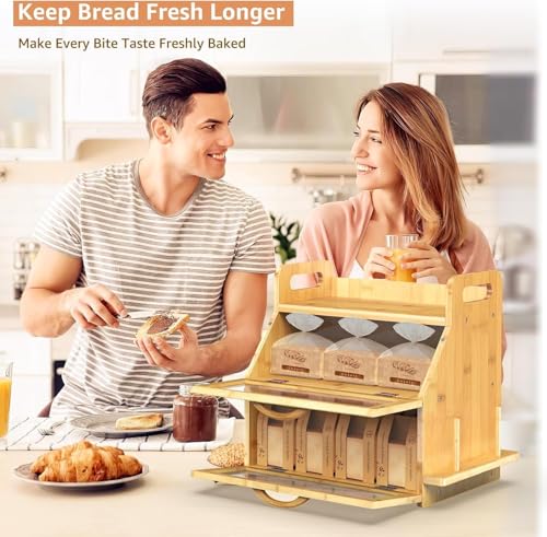 Extra Large Double Layer Bamboo Bread Box with Clear Window - Natural Farmhouse Kitchen Storage - L-Natural