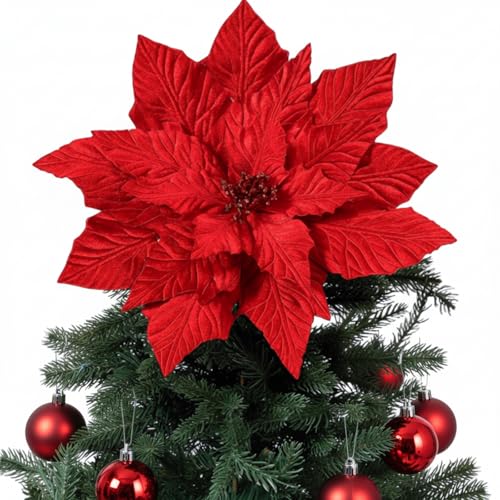 Suncalla 16-Inch Velvet Poinsettia Christmas Tree Topper - Classic Red