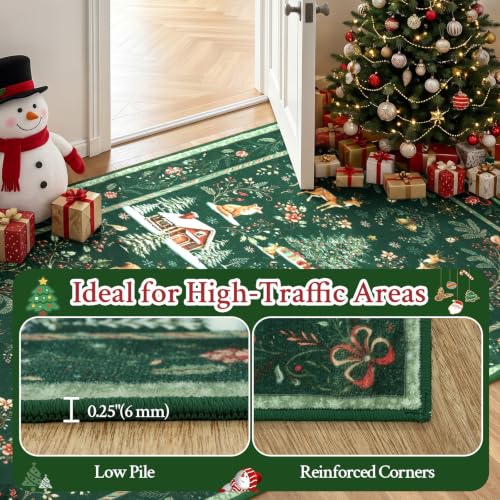 Green 2x8 Christmas Runner Rug Non Slip Washable for Kitchen Hallway Entryway