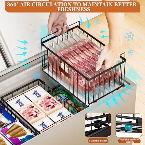 Black Freezer Organizer Bins 3 Pack for 5-9 Cu.Ft Chest Freezers - Expandable & Foldable