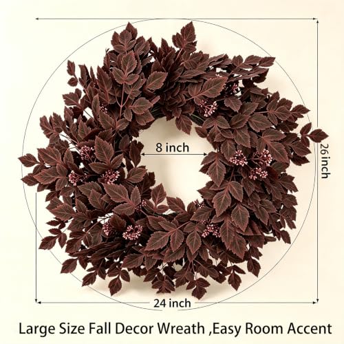 GIAUMA 26-Inch Fall Artificial Cimicifuga Leaves Wreath for Front Door Burgundy