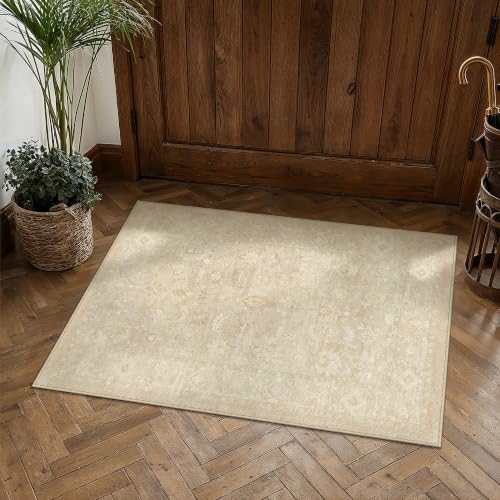 Beige Neutral Floral Area Rug - Machine Washable Non-Slip Home Decor