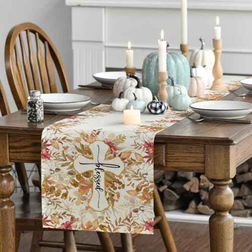 Artoid Mode Cross Blessed Eucalyptus Pumpkins Fall Table Runner, Seasonal Autumn Kitchen Dining Table Decoration for Home Party Decor 13x72 Inch