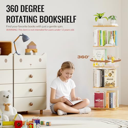 Rotating Bookshelf 4-Tier Spinning Bookcase - Natural Square Acrylic & Wood