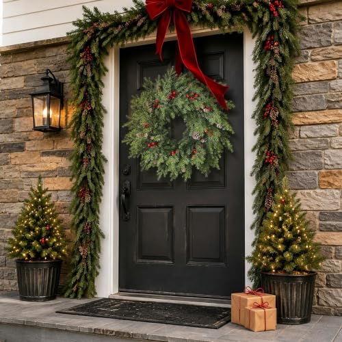 24in Norfolk Pine Christmas Wreath with Red Berries, Front Door Decor