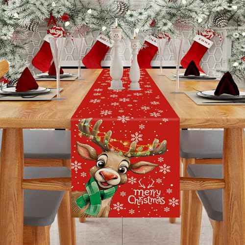 Merry Christmas Table Runner Reindeer Snowflake Red Runner Winter Xmas Home Party Kitchen Dining Table Indoor Outdoor Decorations 13x72 Inch