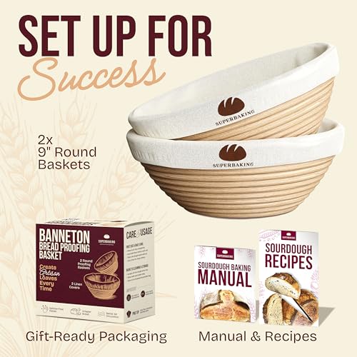 Superbaking Sourdough Banneton Bread Proofing Basket Set of 2, 9-Inch Round Duo 4pc