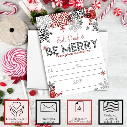 Amanda Creation Christmas Invitations Be Merry 4 Pack with Envelopes 5x7 Snowflake Holiday Party