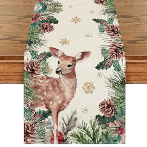 Artoid Mode Reindeer Pine Cone Leaves Christmas Table Runner, Seasonal Winter Floral Kitchen Dining Table Decor for Home Party 13x72 Inch