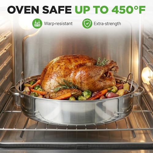 20-Inch Stainless Steel Roasting Pan with Rack and Lid - Oven & Dishwasher Safe