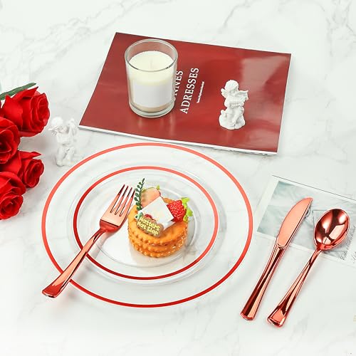 50PC Red Pre-Rolled Plastic Cutlery Set with Napkins (Forks, Knives, Spoons) - Wrapped