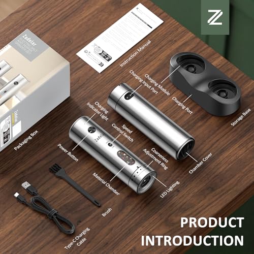 Zadelar Electric Salt and Pepper Grinder Set with Charging Base,