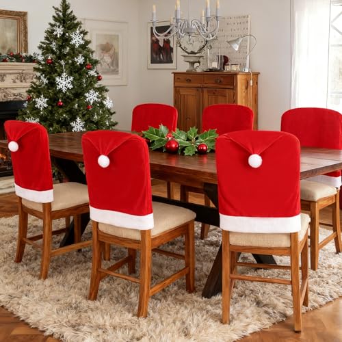 6Pcs Christmas Chair Covers 19.6 x 23.6 in Santa Hat Style for Indoor Dining - YILEGSYO